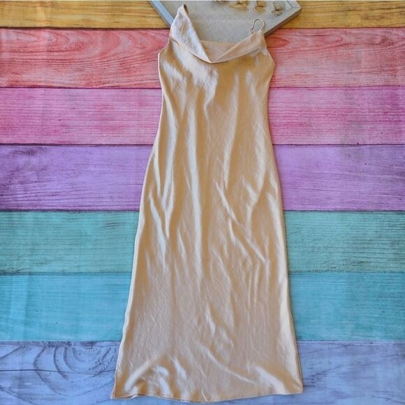 Princess Polly‎ Champagne Zamora Asymmetrical Cowl Satin Midi Dress 10US - Picture 10 of 15